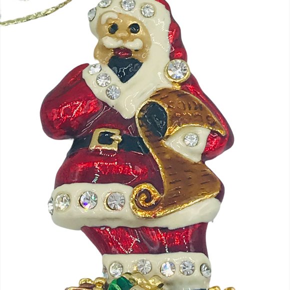 Enameled and Rhinestone Cat Santa Christmas Ornament, Metal w/Gold Back - Picture 2 of 4